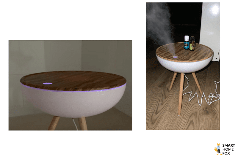 Der Maxcio Aroma Diffuser steht auf dem Boden und die LED-Beleuchtung leuchtet lila